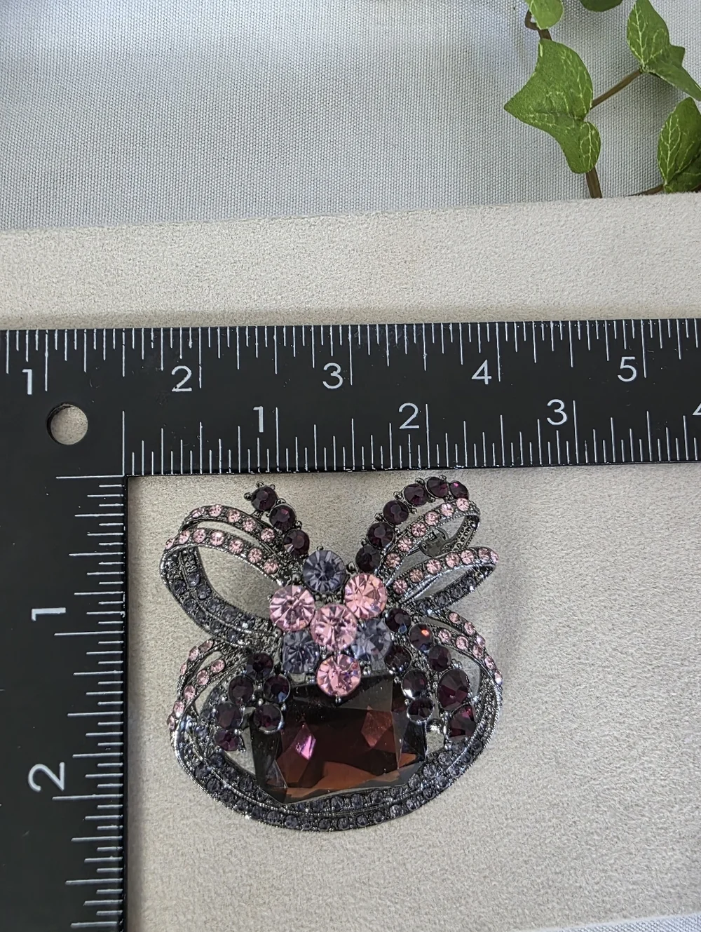 Purple & Pink Rhinestone Bow Brooch – Gunmetal Tone Statement Pin